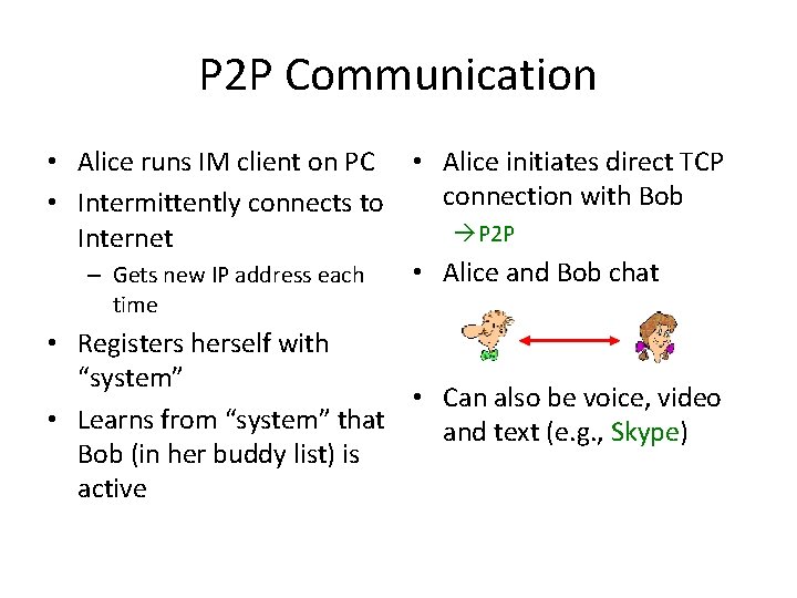 P 2 P Communication • Alice runs IM client on PC • Alice initiates