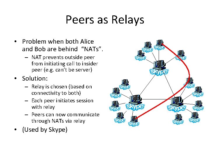 Peers as Relays • Problem when both Alice and Bob are behind “NATs”. –