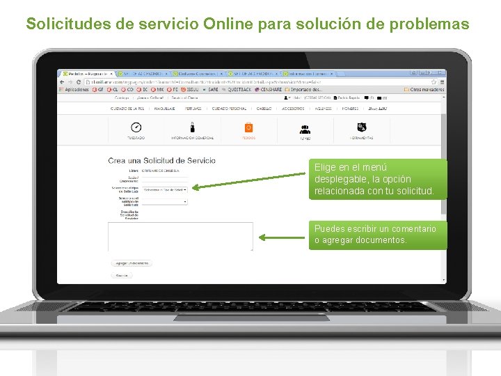 Solicitudes de servicio Online para solución de problemas Elige en el menú desplegable, la