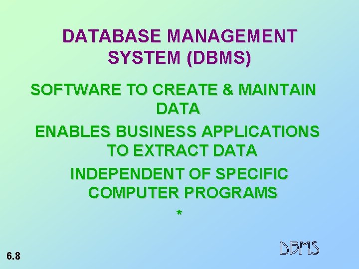 DATABASE MANAGEMENT SYSTEM (DBMS) SOFTWARE TO CREATE & MAINTAIN DATA ENABLES BUSINESS APPLICATIONS TO