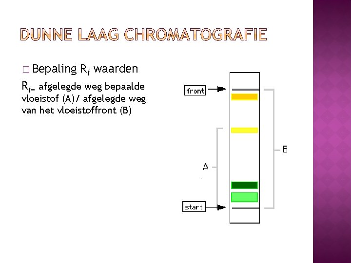 � Bepaling Rf waarden Rf= afgelegde weg bepaalde vloeistof (A)/ afgelegde weg van het