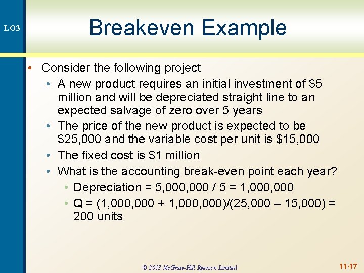 LO 3 Breakeven Example • Consider the following project • A new product requires