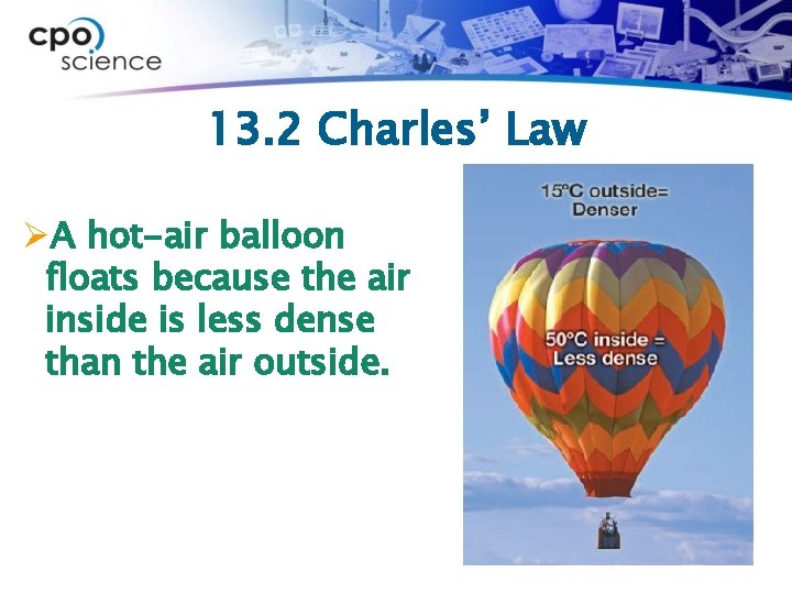 13. 2 Charles’ Law ØA hot-air balloon floats because the air inside is less