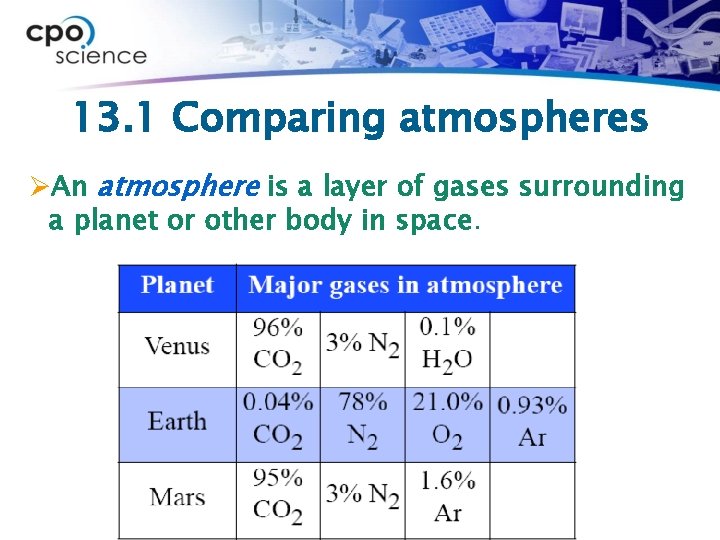 13. 1 Comparing atmospheres ØAn atmosphere is a layer of gases surrounding a planet