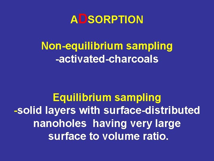ADSORPTION Non-equilibrium sampling -activated-charcoals Equilibrium sampling -solid layers with surface-distributed nanoholes having very large