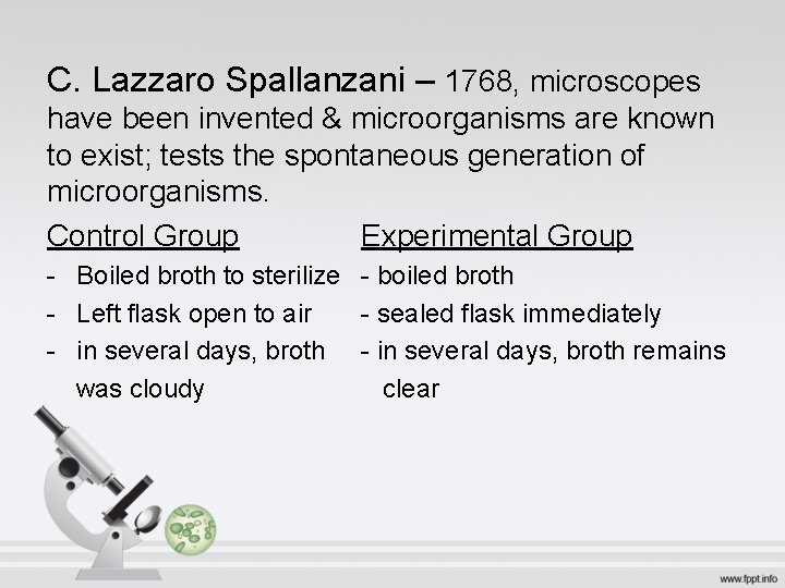 C. Lazzaro Spallanzani – 1768, microscopes have been invented & microorganisms are known to