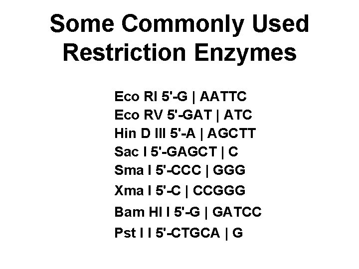 Some Commonly Used Restriction Enzymes Eco RI 5'-G | AATTC Eco RV 5'-GAT |