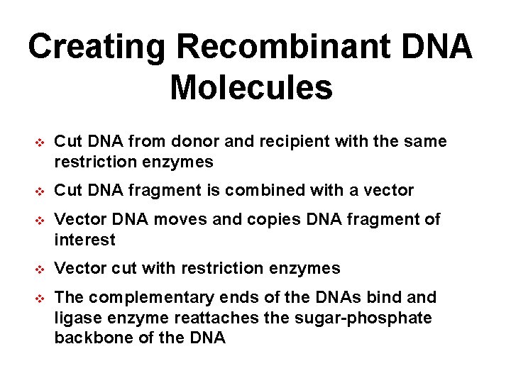 Creating Recombinant DNA Molecules v Cut DNA from donor and recipient with the same