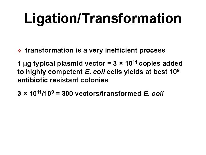 Ligation/Transformation v transformation is a very inefficient process 1 µg typical plasmid vector =