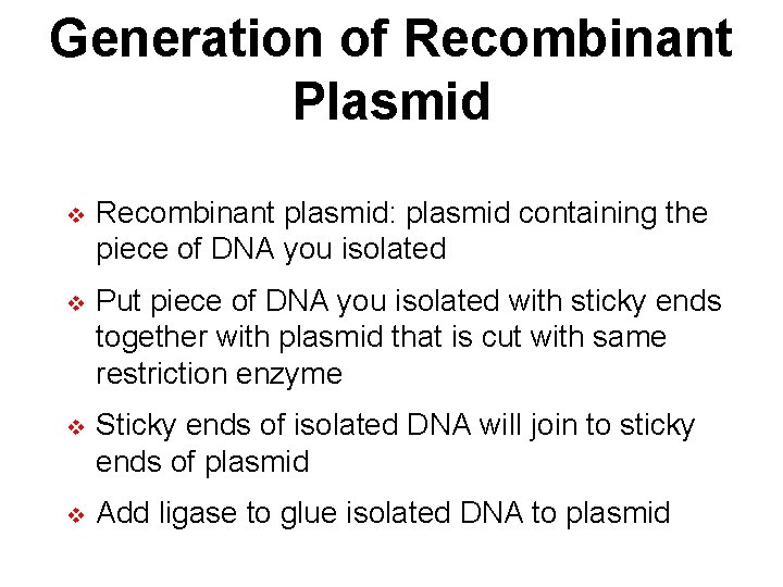 Generation of Recombinant Plasmid v Recombinant plasmid: plasmid containing the piece of DNA you