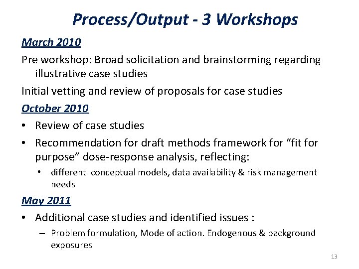 Process/Output - 3 Workshops March 2010 Pre workshop: Broad solicitation and brainstorming regarding illustrative