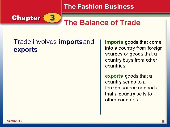 The Fashion Business The Balance of Trade involves imports and exports. imports goods that