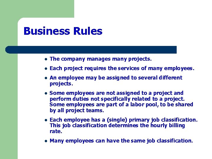 Business Rules l The company manages many projects. l Each project requires the services