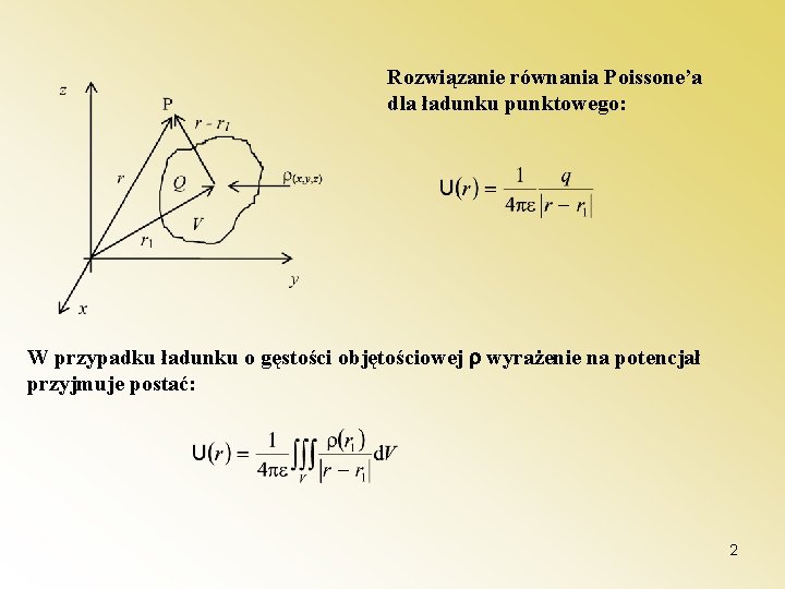Rozwiązanie równania Poissone’a dla ładunku punktowego: W przypadku ładunku o gęstości objętościowej wyrażenie na