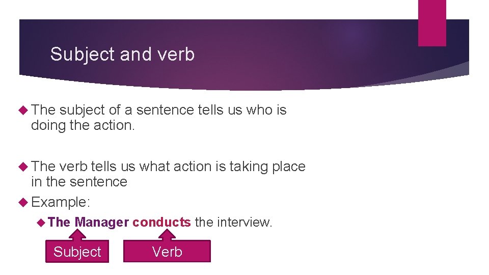Subject and verb The subject of a sentence tells us who is doing the
