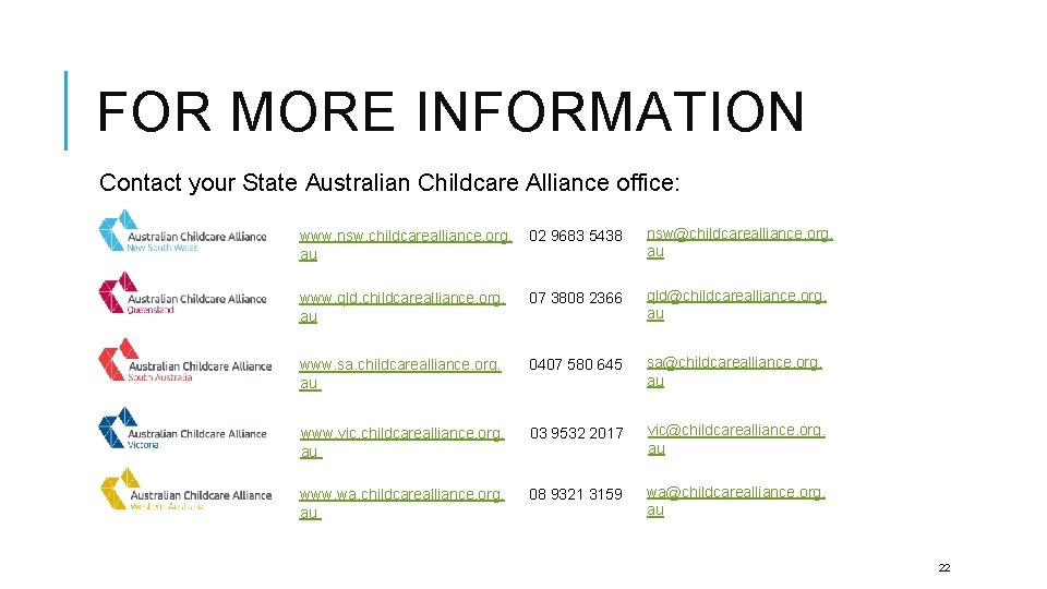 FOR MORE INFORMATION Contact your State Australian Childcare Alliance office: www. nsw. childcarealliance. org.