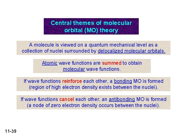 Central themes of molecular orbital (MO) theory A molecule is viewed on a quantum