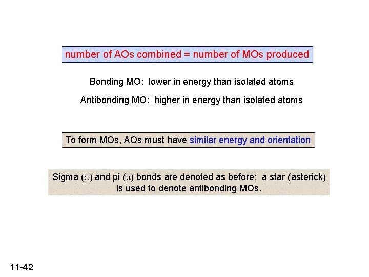number of AOs combined = number of MOs produced Bonding MO: lower in energy
