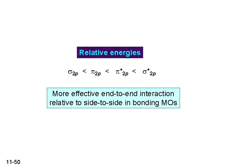 Relative energies s 2 p < *2 p < s*2 p More effective end-to-end