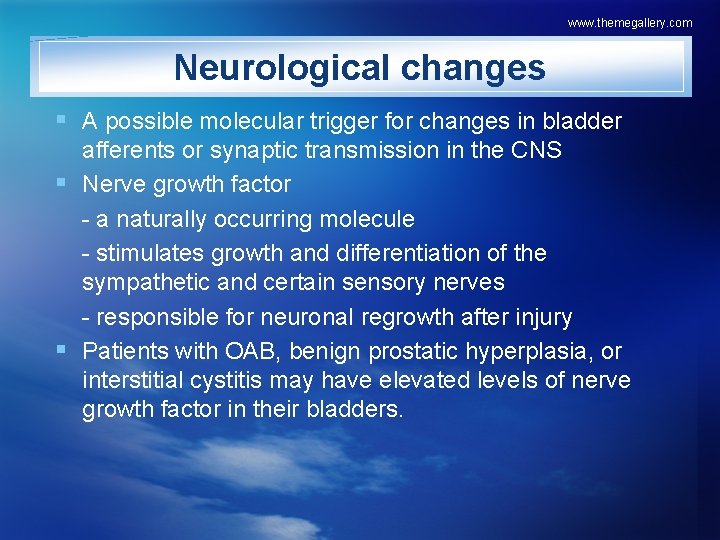 www. themegallery. com Neurological changes § A possible molecular trigger for changes in bladder
