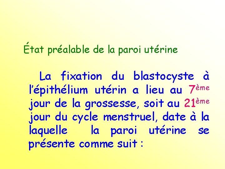 État préalable de la paroi utérine La fixation du blastocyste à l’épithélium utérin a