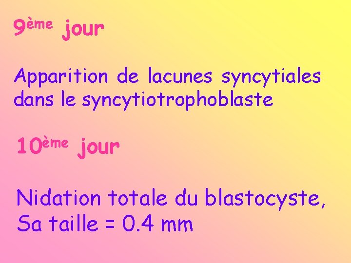 9ème jour Apparition de lacunes syncytiales dans le syncytiotrophoblaste 10ème jour Nidation totale du