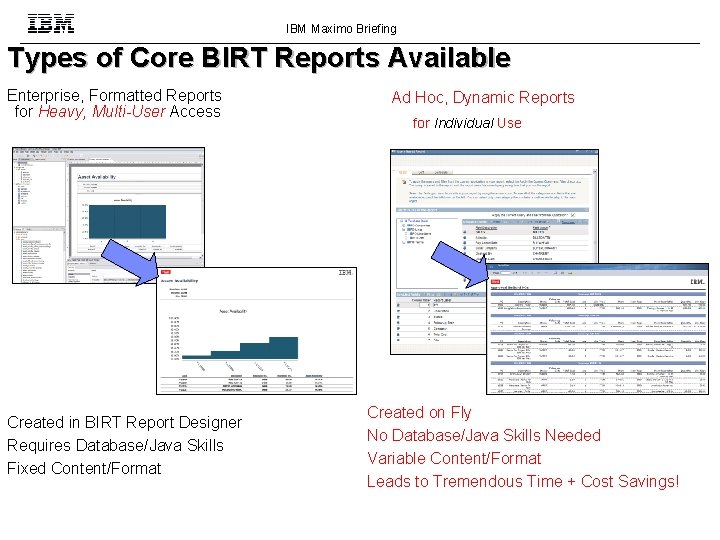 IBM Maximo Briefing Types of Core BIRT Reports Available Enterprise, Formatted Reports for Heavy,