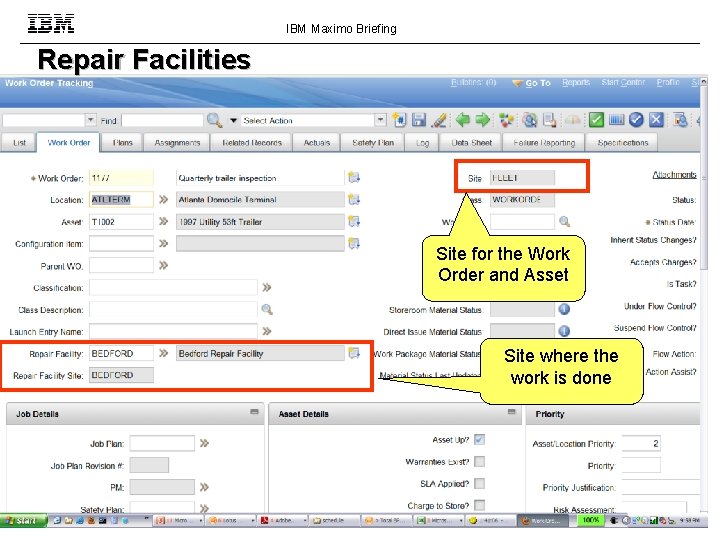 IBM Maximo Briefing Repair Facilities Site for the Work Order and Asset Site where