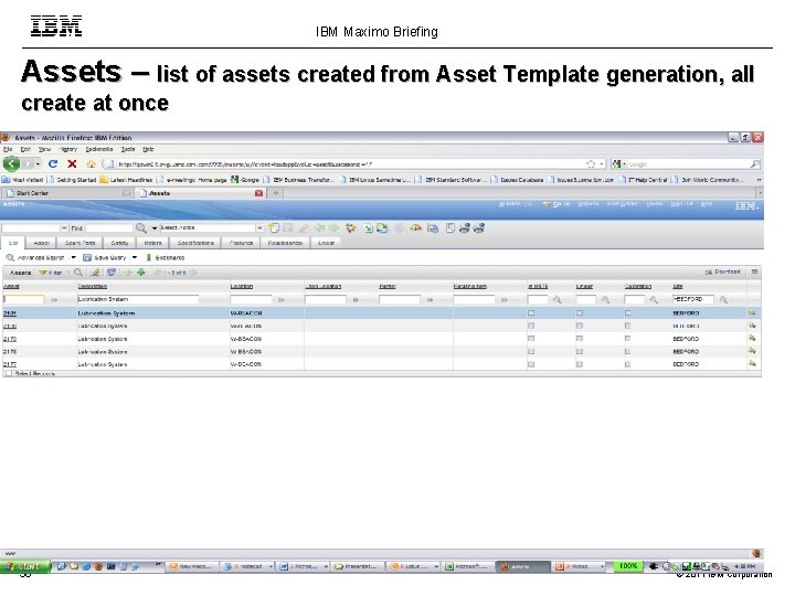 IBM Maximo Briefing Assets – list of assets created from Asset Template generation, all