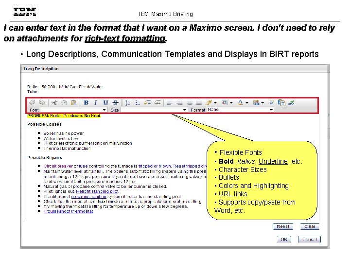 IBM Maximo Briefing I can enter text in the format that I want on
