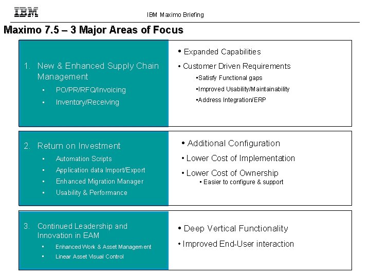 IBM Maximo Briefing Maximo 7. 5 – 3 Major Areas of Focus • Expanded