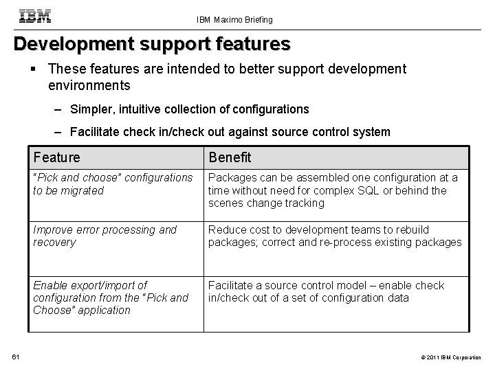 IBM Maximo Briefing Development support features These features are intended to better support development