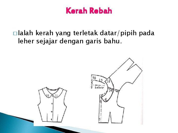 Kerah Rebah � Ialah kerah yang terletak datar/pipih pada leher sejajar dengan garis bahu.