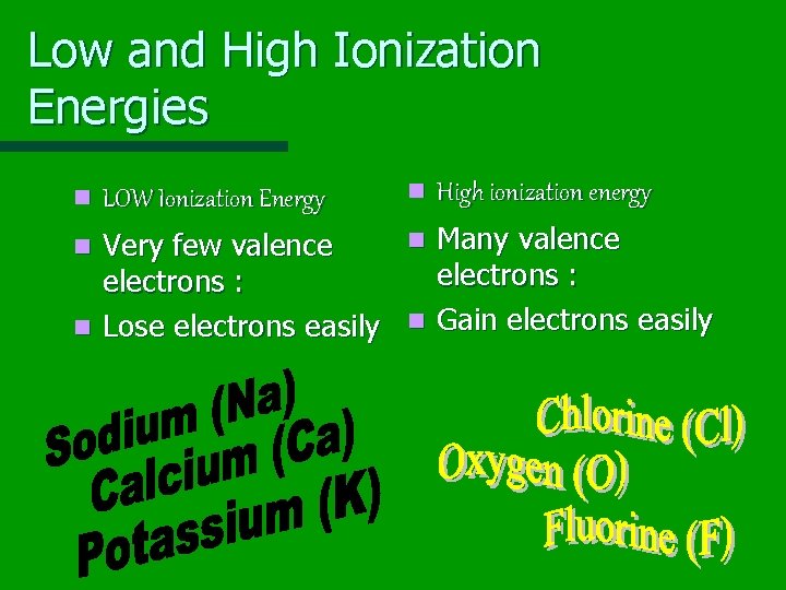 Low and High Ionization Energies n LOW Ionization Energy n High ionization energy n
