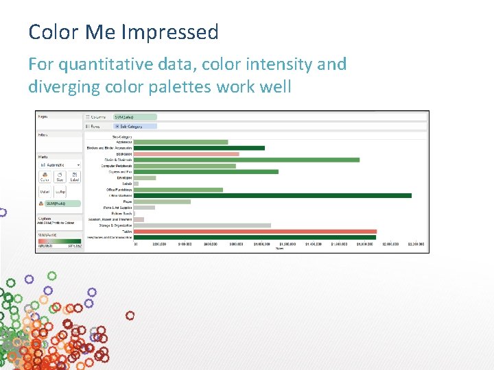 Color Me Impressed For quantitative data, color intensity and diverging color palettes work well