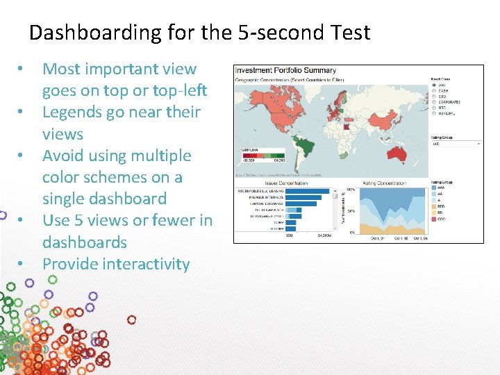 Dashboarding for the 5 -second Test • • • Most important view goes on