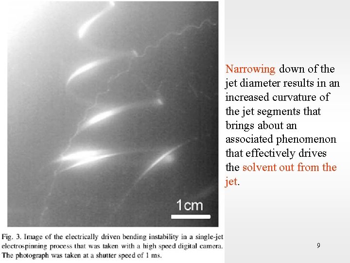 Narrowing down of the jet diameter results in an increased curvature of the jet