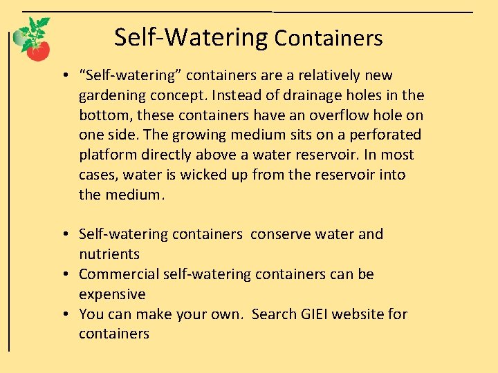 Self-Watering Containers • “Self-watering” containers are a relatively new gardening concept. Instead of drainage