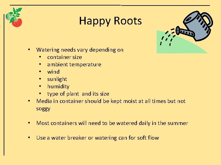 Happy Roots • Watering needs vary depending on • container size • ambient temperature