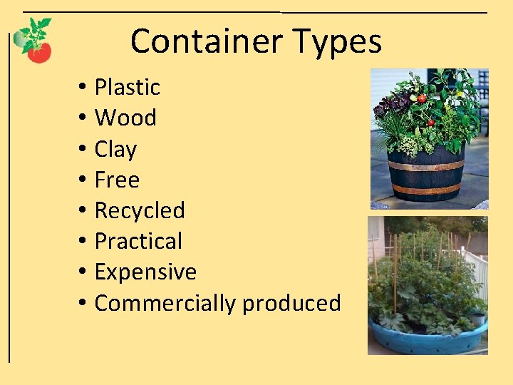 Container Types • Plastic • Wood • Clay • Free • Recycled • Practical