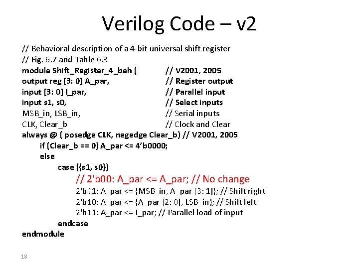 Verilog Code – v 2 // Behavioral description of a 4 -bit universal shift Verilog Code – v 2 // Behavioral description of a 4 -bit universal shift