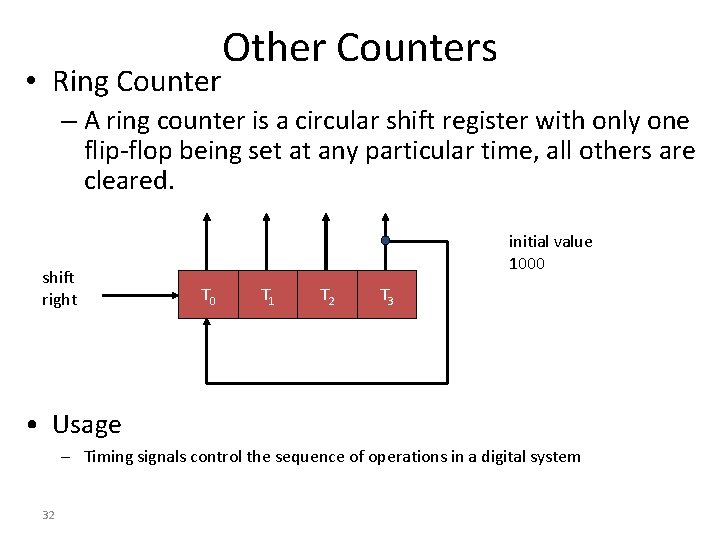  • Ring Counter Other Counters – A ring counter is a circular shift