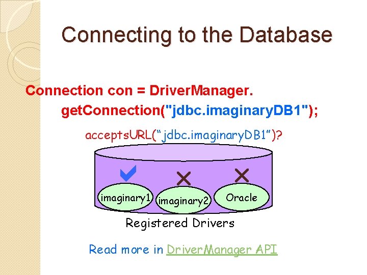 Connecting to the Database Connection con = Driver. Manager. get. Connection("jdbc. imaginary. DB 1");