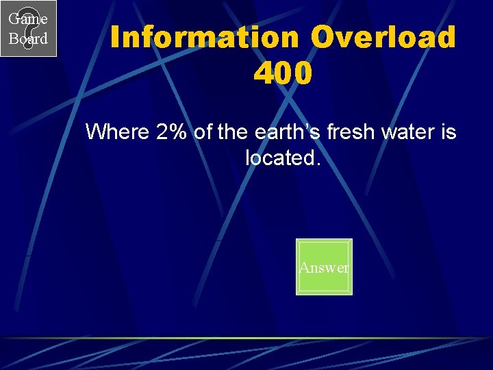 Game Board Information Overload 400 Where 2% of the earth’s fresh water is located.