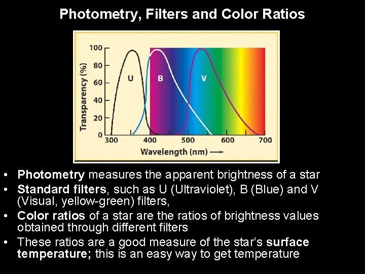 Photometry, Filters and Color Ratios • Photometry measures the apparent brightness of a star