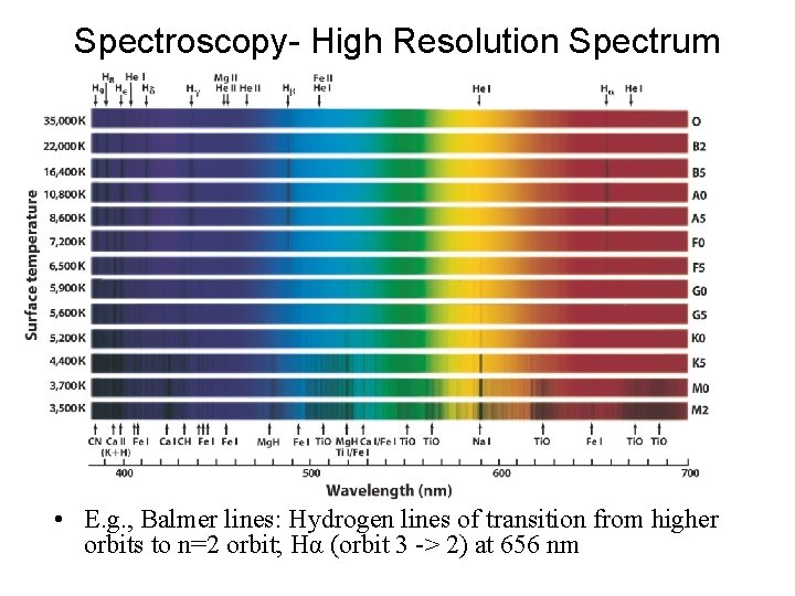 Spectroscopy- High Resolution Spectrum • E. g. , Balmer lines: Hydrogen lines of transition