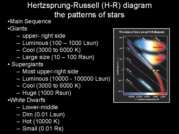 Hertzsprung-Russell (H-R) diagram the patterns of stars • Main Sequence • Giants – upper-