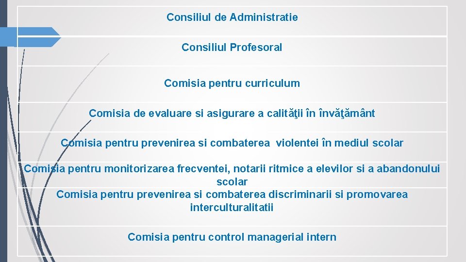 Consiliul de Administratie Consiliul Profesoral Comisia pentru curriculum Comisia de evaluare si asigurare a