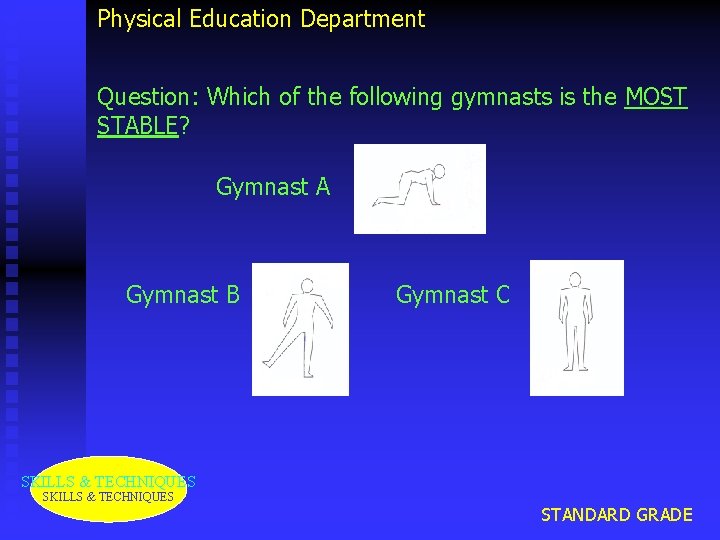 Physical Education Department Question: Which of the following gymnasts is the MOST STABLE? Gymnast
