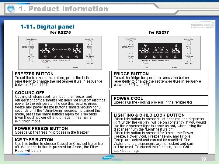 1. Product Information 1 -11. Digital panel For RS 275 FREEZER BUTTON To set